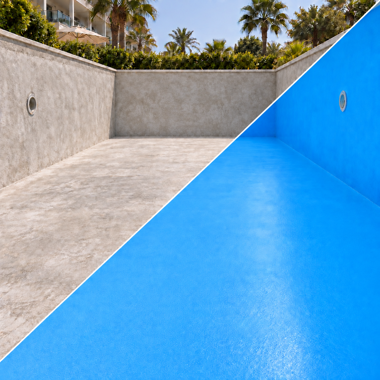 Suga Havuz Boyası 2K Pool Paint (17+3) 20 kg — Temsili öncesi ve sonrası