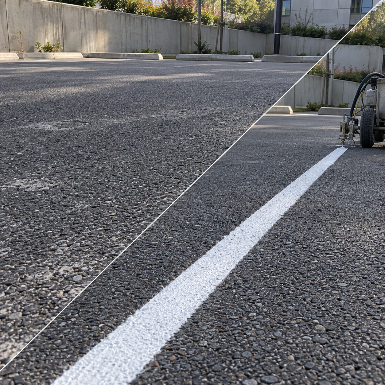 Suga Tek Komponentli Akrilik Yol Çizgi Boyası 10 kg — Temsili öncesi ve sonrası